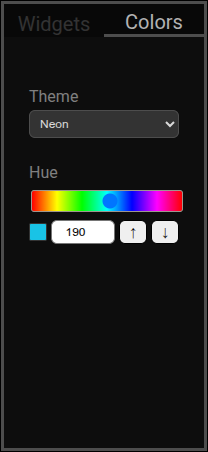 UXB Colors panel: theme set to Neon, hue slider at 190