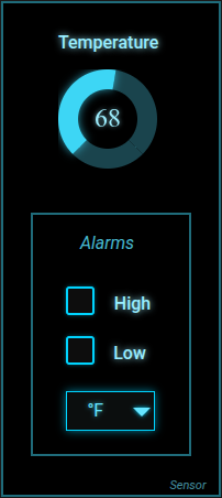 UXB control panel in the Neon theme: temperature gauge reading 68 °F, High and Low alarms