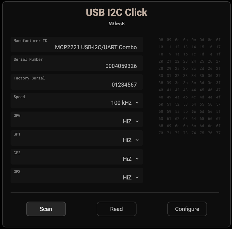 Dongle King scanning an I2C bus with a MIKROE USB I2C Click; one device answers at 0x5C