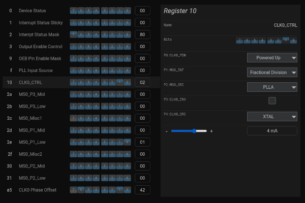 UXB-300 showing the Si5351 clock generator registers by name, with the CLK0_CTRL bit fields as dropdowns and a 4 mA drive setting